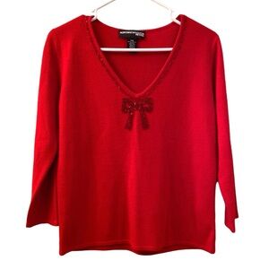 Norton McNaughton Petites Red Sweater Beaded Neckline & Bow Holiday WM SZ MP